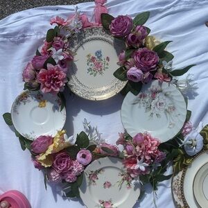 Floral China Plate Wreath with Pink Silk Flowers
